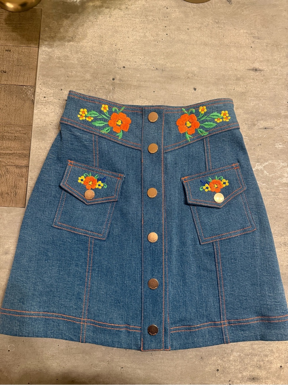 Alice McCall Denim A-Line Skirt with Orange Floral Embroidery